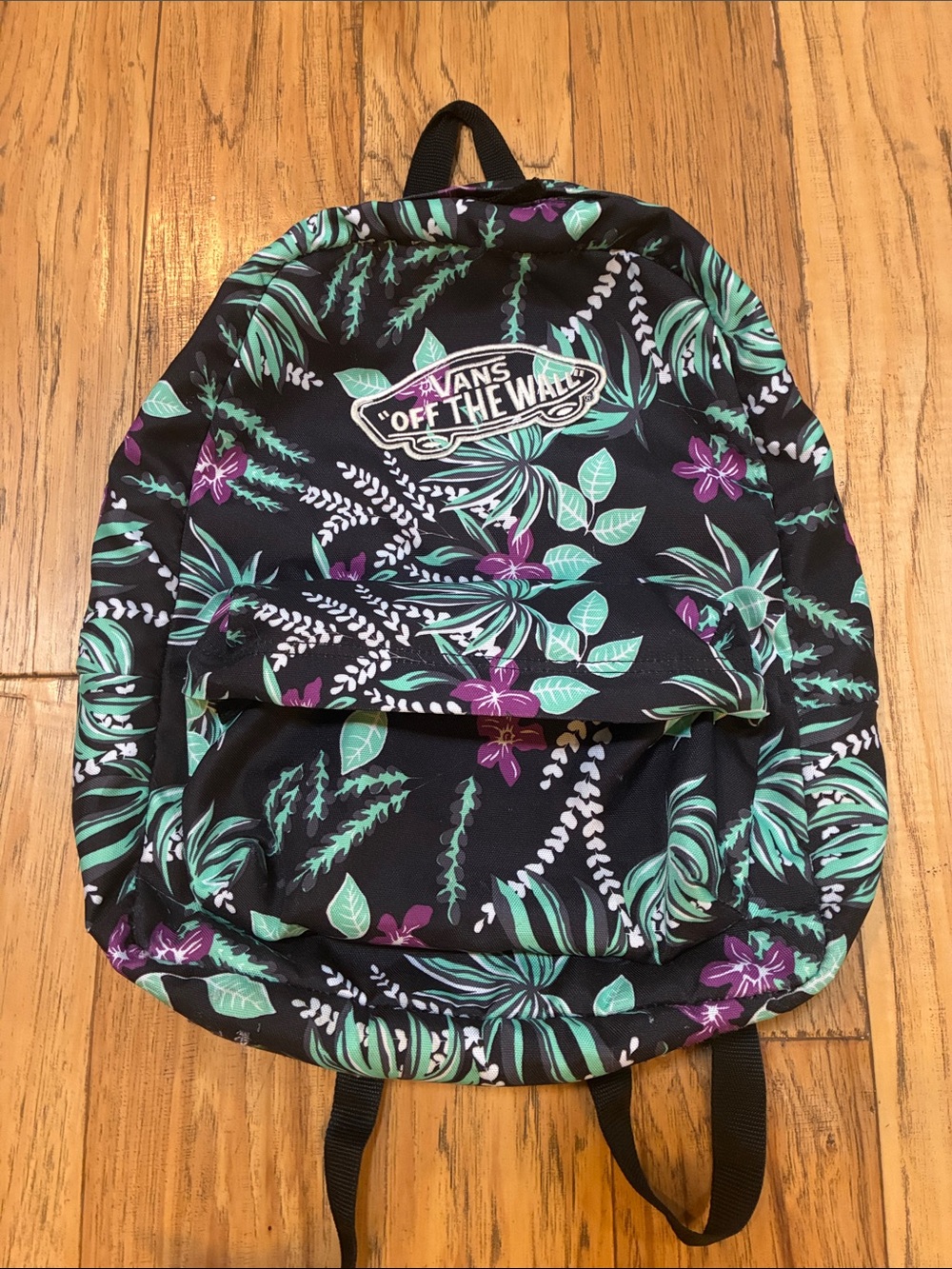 Vans Black Backpack with Mint Green and Purple Tropical Print